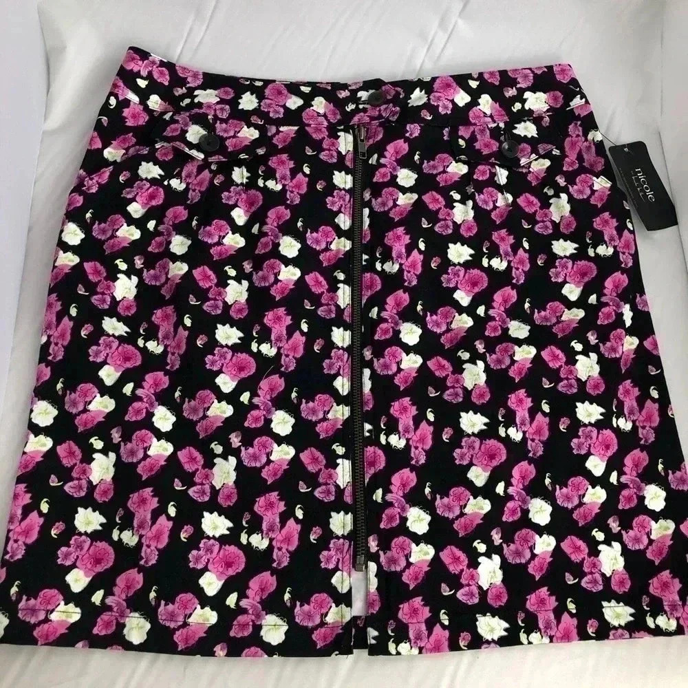 Nicole by Nicole Miller Skirt Women 12 Black Pink Floral Zip Pencil Cotton NWT